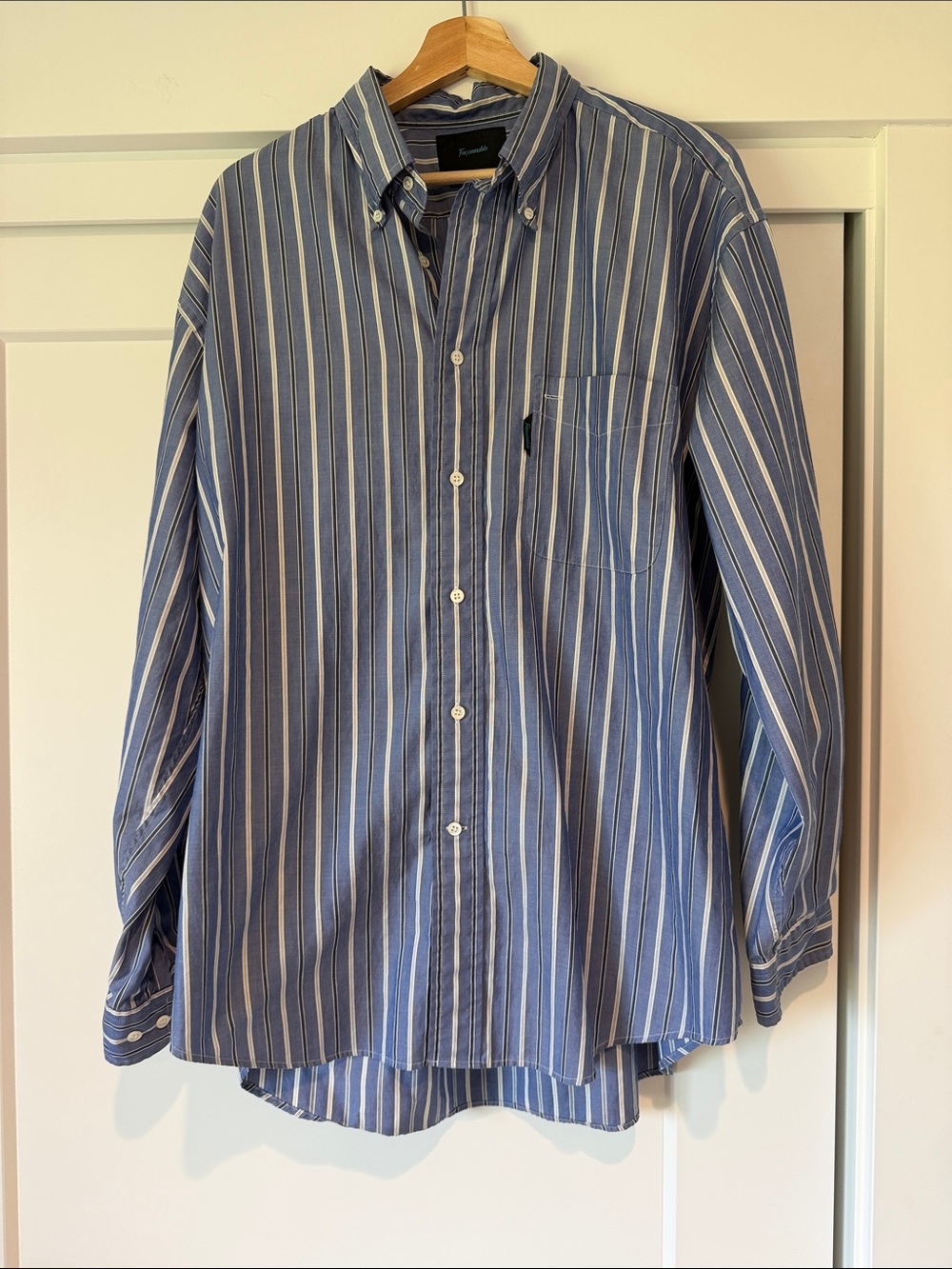 Faconnable Blue and White Vertical Stripe Button-Down Shirt